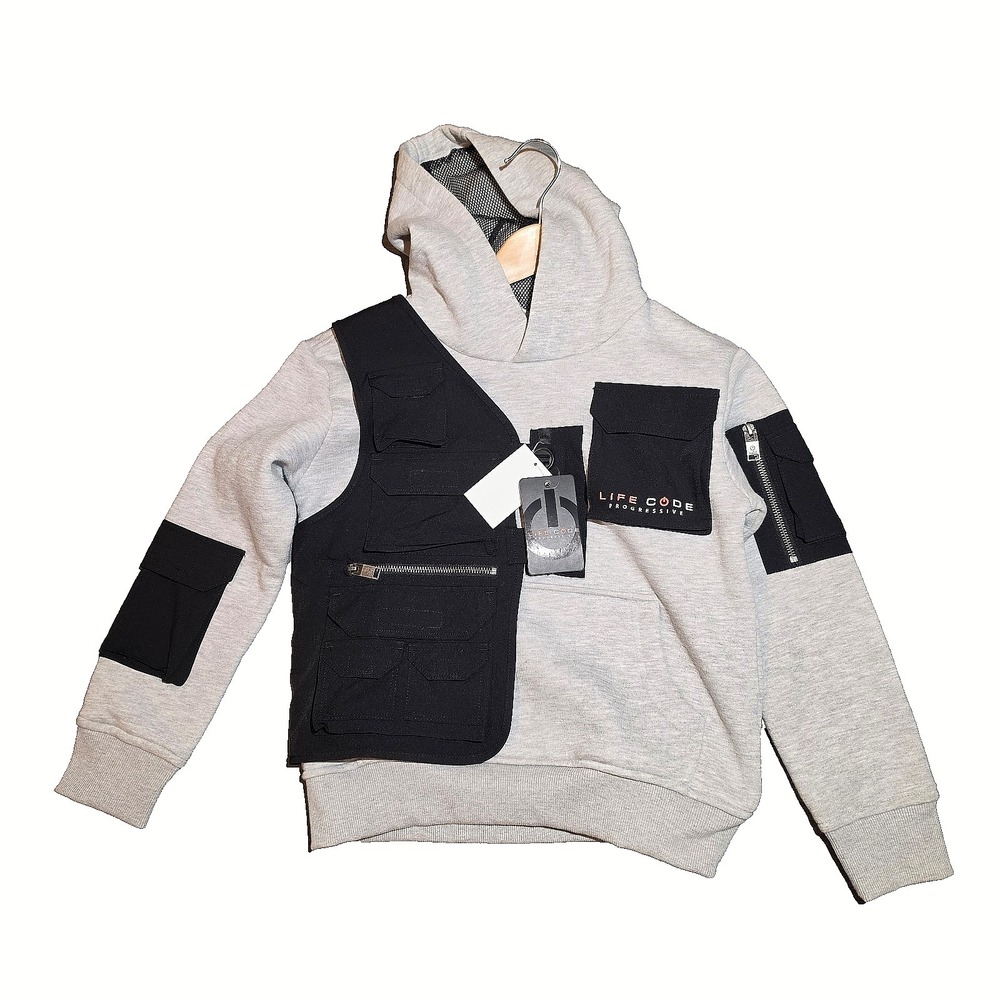 New Boys 8 Life Code Progressive 23J35K Hoodie Gray Black Cargo Zip Pocket NWT